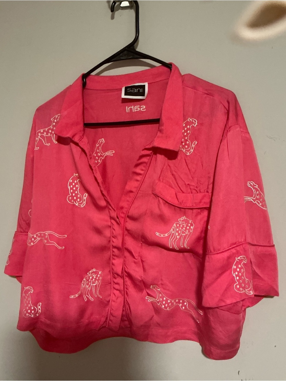 Pink Long-Sleeve Button-Front Top with Cheetah Motif